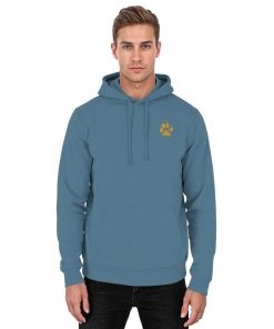 Graublauer Unisex Hunde Hoodie an Mann mit Pfotenprint vorne