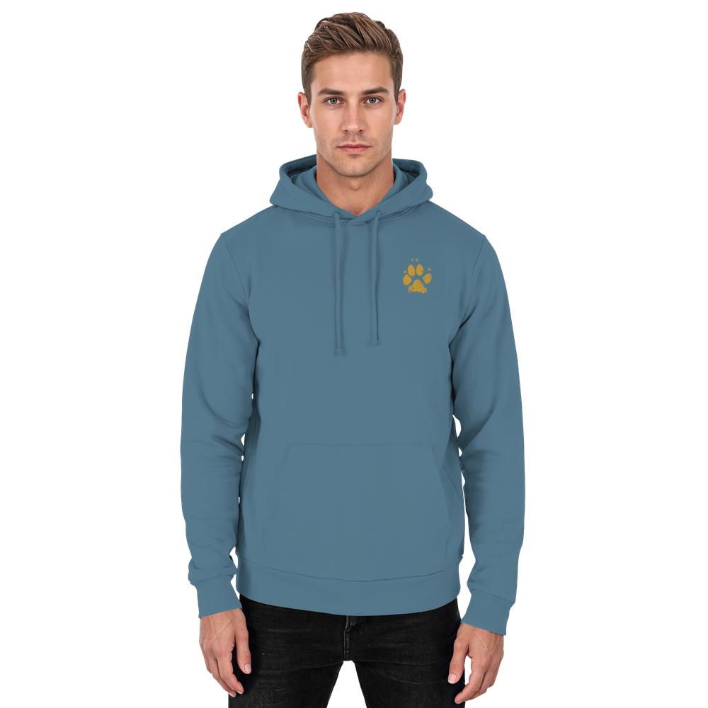 Graublauer Unisex Hunde Hoodie an Mann mit Pfotenprint vorne