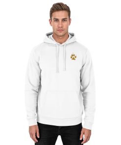 Weißer Unisex Hunde Hoodie an Mann mit kleinem Pfotenprint vorne