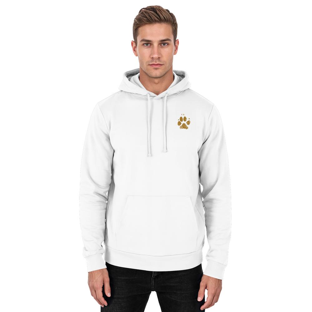 Weißer Unisex Hunde Hoodie an Mann mit kleinem Pfotenprint vorne