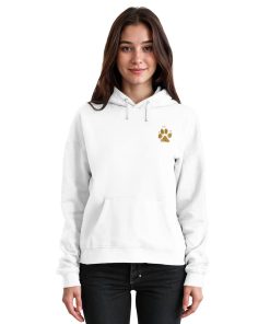 Weißer Unisex Hunde Hoodie an Frau mit Pfotenprint vorne