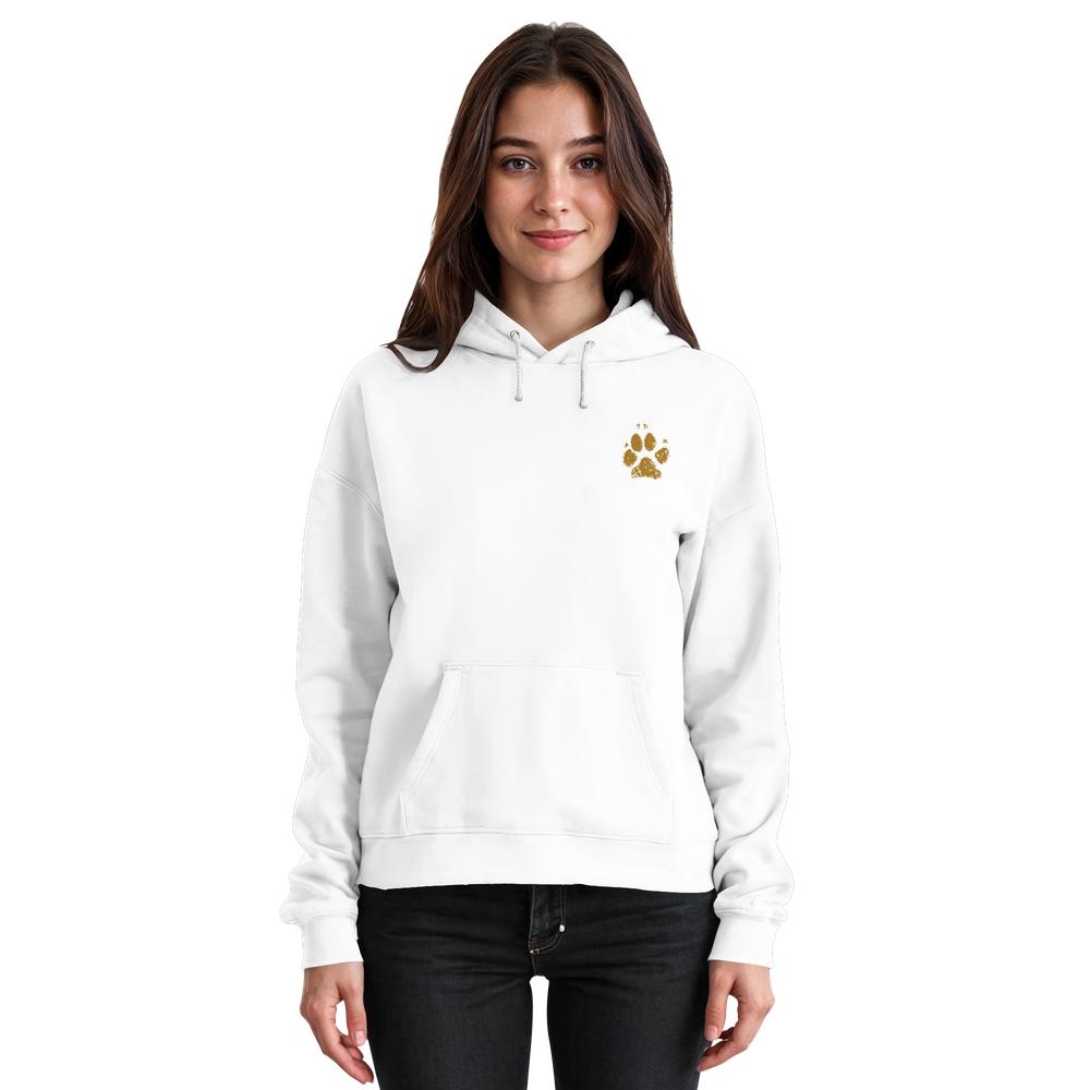 Weißer Unisex Hunde Hoodie an Frau mit Pfotenprint vorne