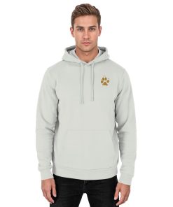 Aschgrauer Unisex Hunde Hoodie an Mann mit kleinem Pfotenprint vorne