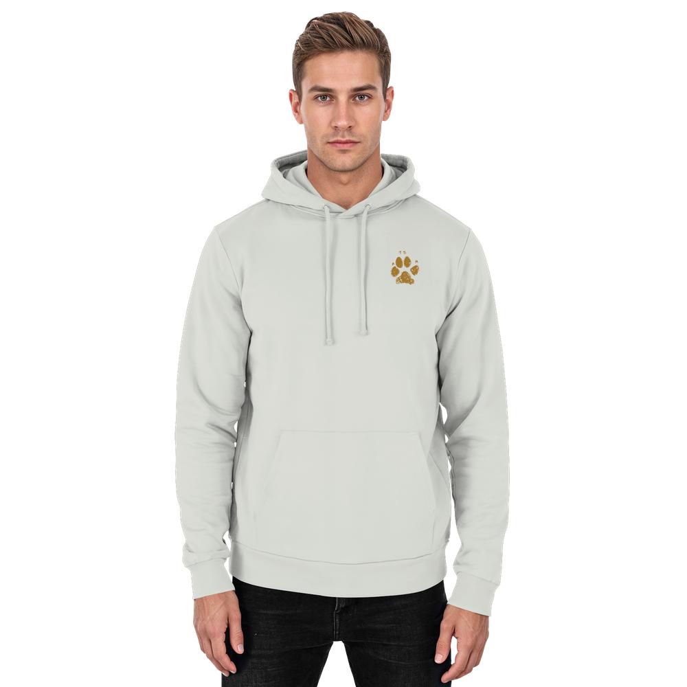 Aschgrauer Unisex Hunde Hoodie an Mann mit kleinem Pfotenprint vorne