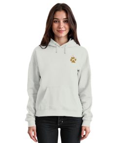 Aschgrauer Unisex Hunde Hoodie an Frau mit Pfotenprint vorne