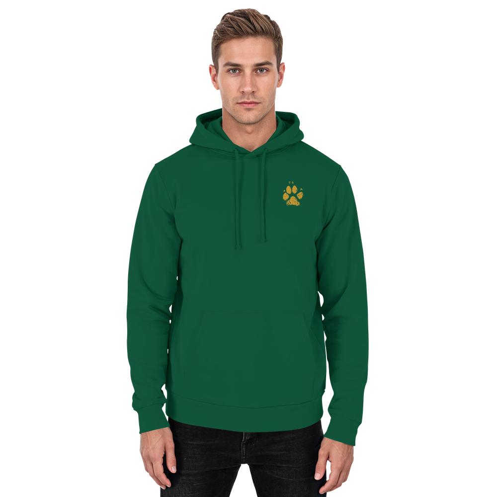Grüner Unisex Hunde Hoodie an Mann mit Pfotenprint vorne