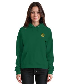 Grüner Unisex Hunde Hoodie an Frau mit Pfotenprint vorne