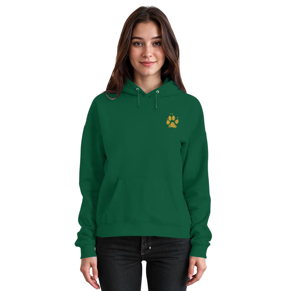 Grüner Unisex Hunde Hoodie an Frau mit Pfotenprint vorne