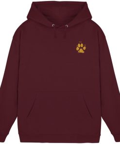 Burgundy Hunde Hoodie mit ockerfarbenem Pfotenprint vorne