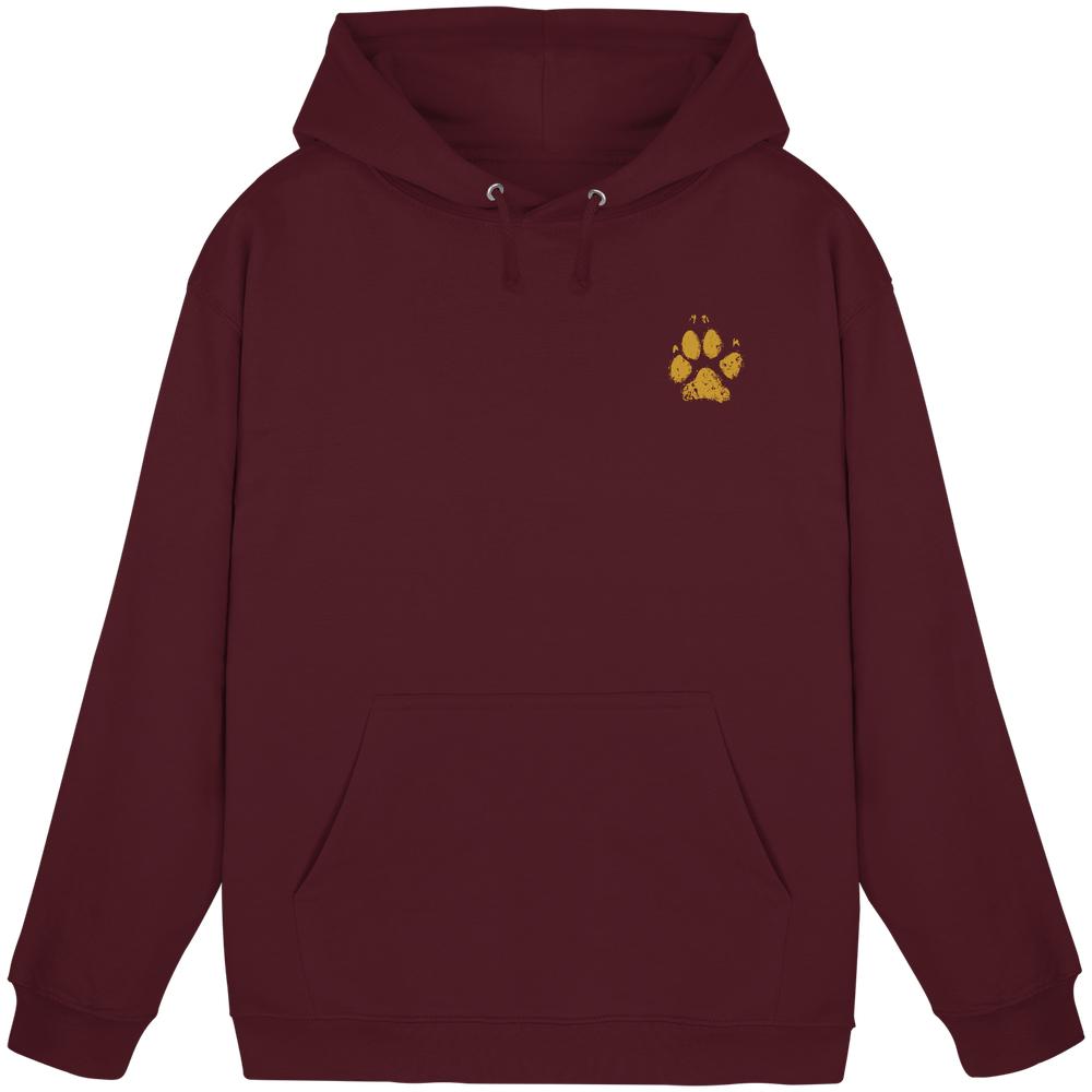 Burgundy Hunde Hoodie mit ockerfarbenem Pfotenprint vorne