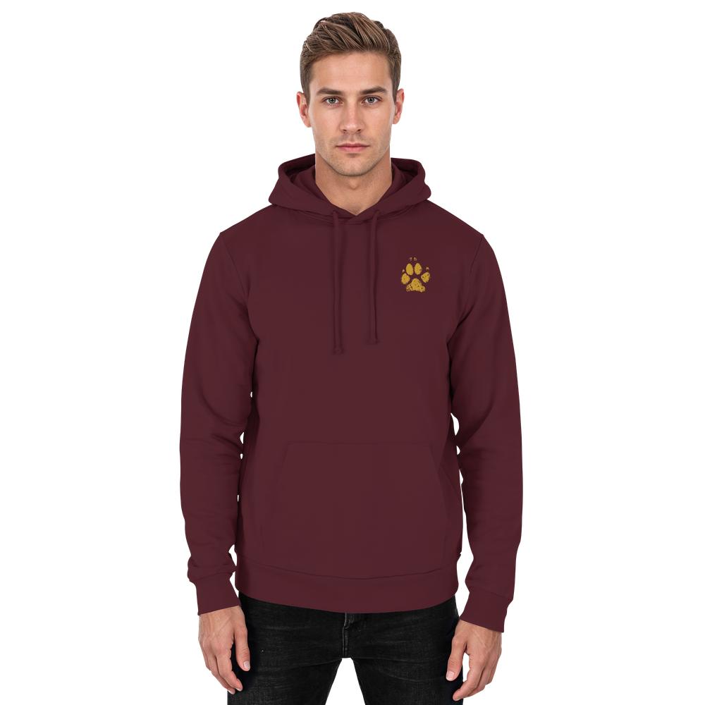 Dunkelroter Unisex Hunde Hoodie an Mann mit Pfotenprint vorne