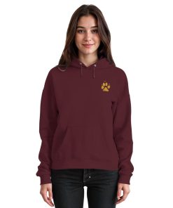 Dunkelroter Unisex Hunde Hoodie an Frau mit Pfotenprint vorne