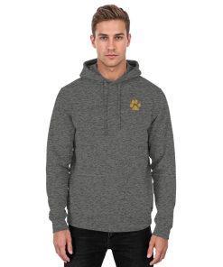 Dunkelgrau melierter Unisex Hunde Hoodie an Mann mit Pfotenprint vorne
