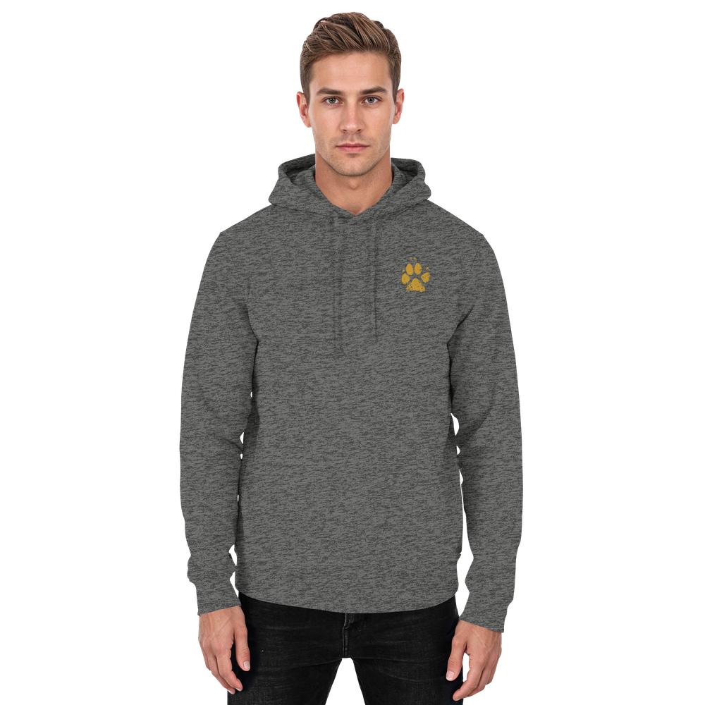 Dunkelgrau melierter Unisex Hunde Hoodie an Mann mit Pfotenprint vorne