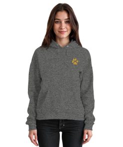 Dunkelgrau melierter Unisex Hunde Hoodie an Frau mit Pfotenprint vorne
