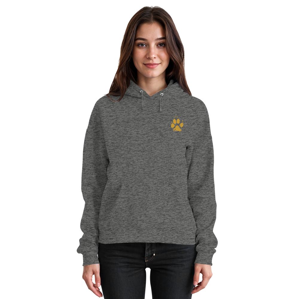 Dunkelgrau melierter Unisex Hunde Hoodie an Frau mit Pfotenprint vorne