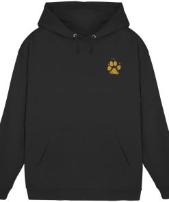 Schwarzer Hoodie für Hundefans mit ockerfarbenem Pfotenprint vorne