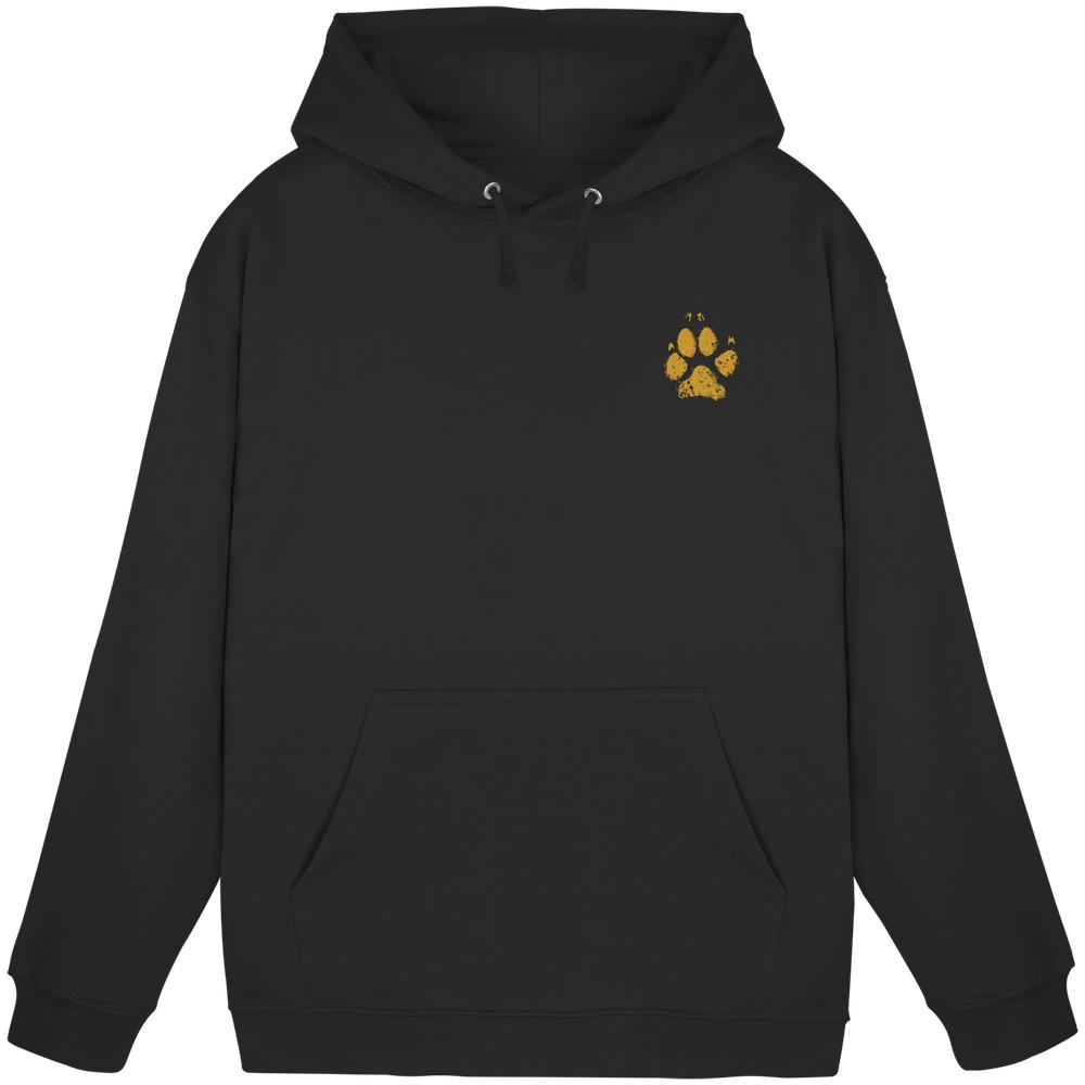 Schwarzer Hoodie für Hundefans mit ockerfarbenem Pfotenprint vorne