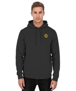 Schwarzer Unisex Hunde Hoodie an Mann mit Pfotenprint vorne