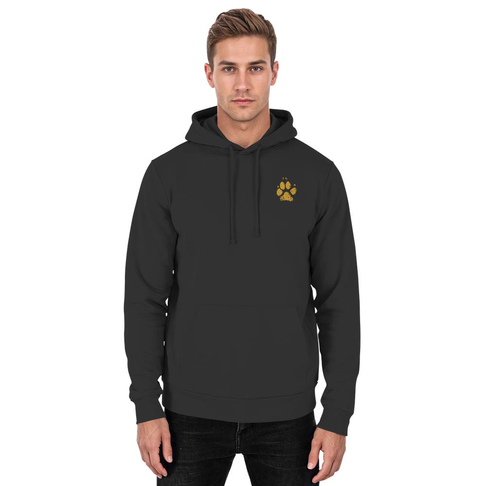 Schwarzer Unisex Hunde Hoodie an Mann mit Pfotenprint vorne