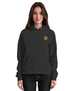 Schwarzer Unisex Hunde Hoodie an Frau mit Pfotenprint vorne