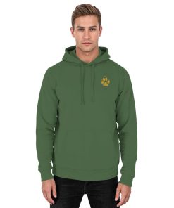 Olivgrüner Unisex Hunde Hoodie an Mann mit Pfotenprint vorne