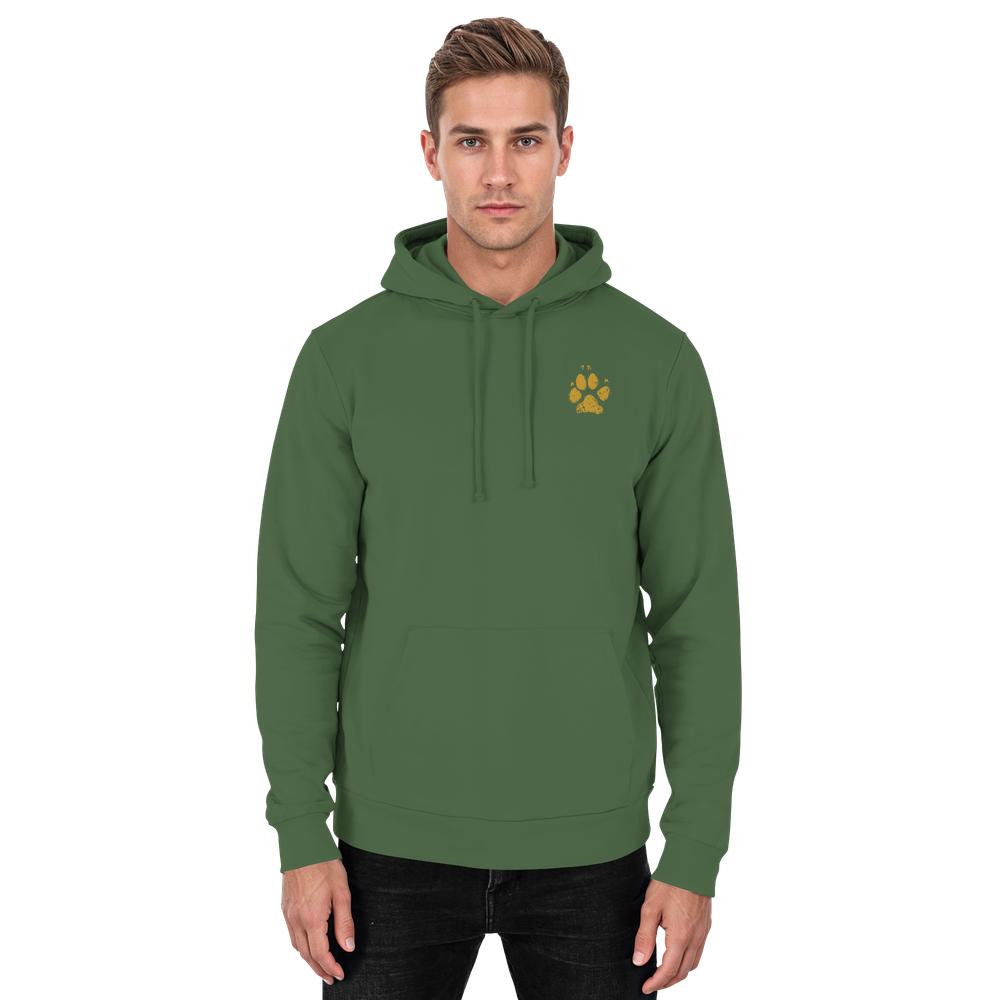 Olivgrüner Unisex Hunde Hoodie an Mann mit Pfotenprint vorne