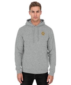 Grau melierter Unisex Hunde Hoodie an Mann mit kleinem Pfotenprint vorne