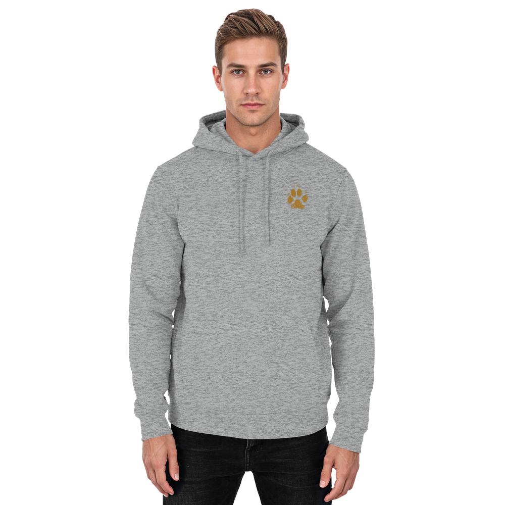 Grau melierter Unisex Hunde Hoodie an Mann mit kleinem Pfotenprint vorne