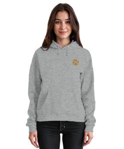 Grau melierter Unisex Hunde Hoodie an Frau mit Pfotenprint vorne