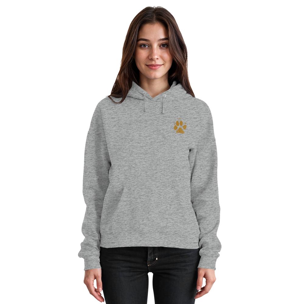 Grau melierter Unisex Hunde Hoodie an Frau mit Pfotenprint vorne