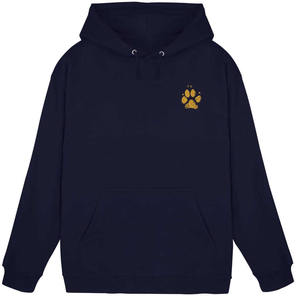 Dunkelblauer Hunde Hoodie mit ockerfarbener Pfote vorne