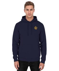 Dunkelblauer Unisex Hunde Hoodie an Mann mit Pfotenprint vorne