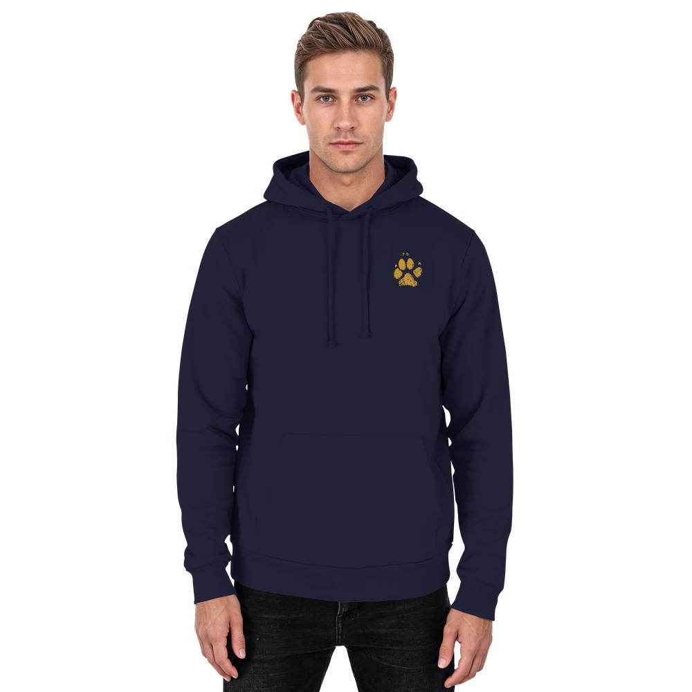 Dunkelblauer Unisex Hunde Hoodie an Mann mit Pfotenprint vorne
