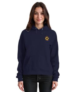 Dunkelblauer Unisex Hunde Hoodie an Frau mit Pfotenprint vorne