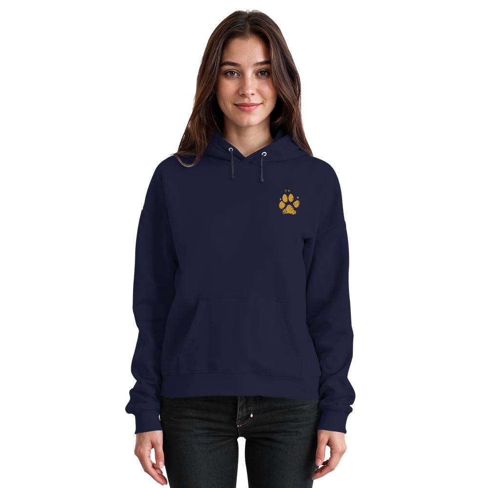 Dunkelblauer Unisex Hunde Hoodie an Frau mit Pfotenprint vorne