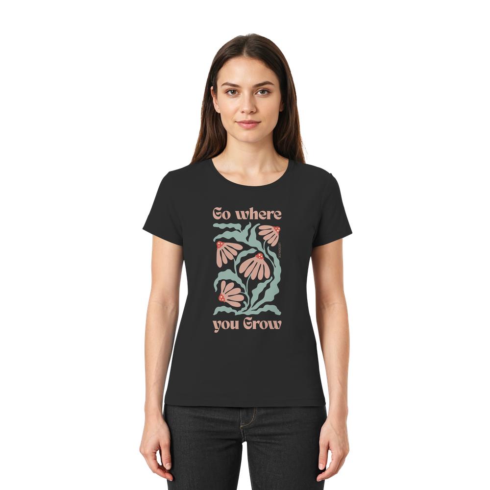 Frau trägt schwarzes Go where you grow Shirt