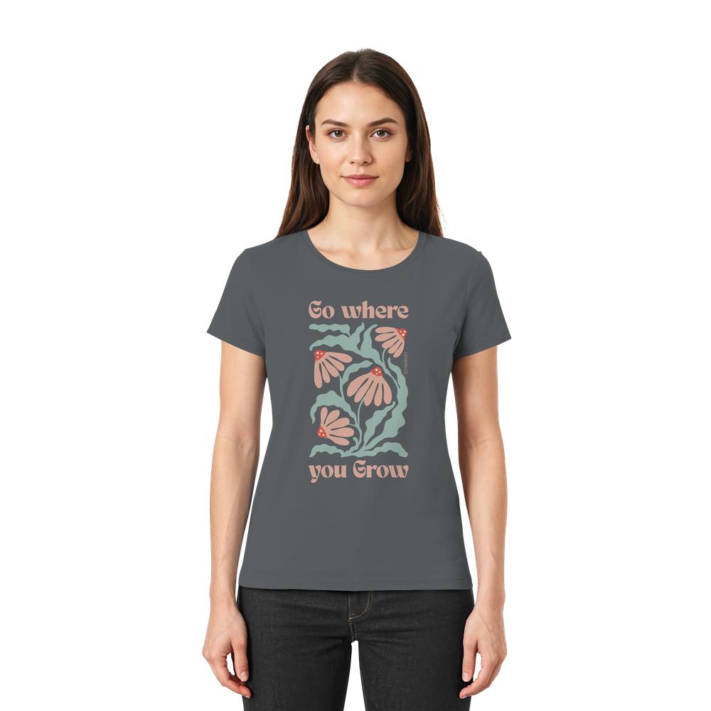 Frau trägt dunkelgraues Go where you grow Shirt