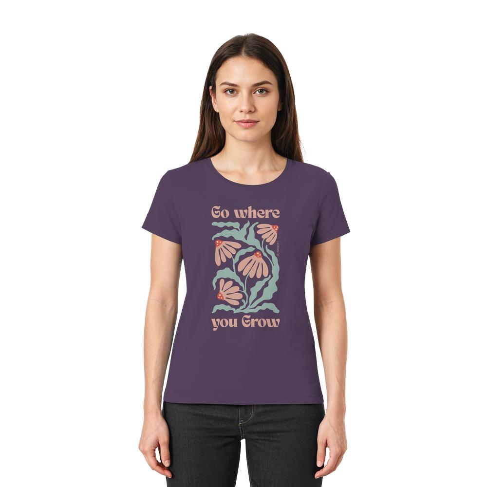 Frau trägt violettes Go where you grow Damen Shirt