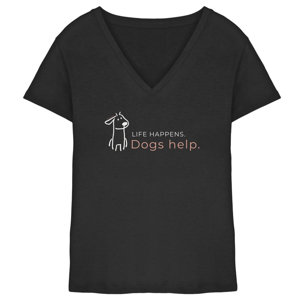 Schwarzes Hunde V-Neck Shirt mit Life Happens Dogs Help Print