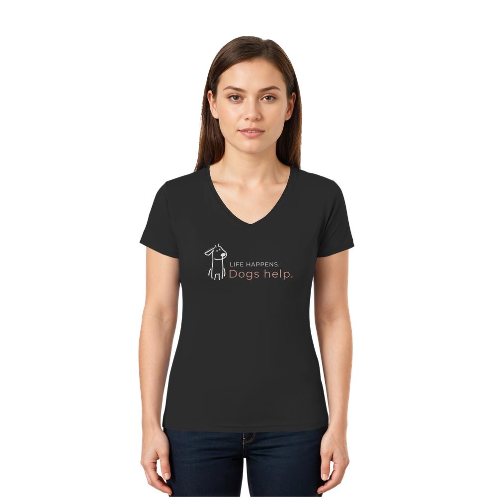 Schwarzes Hunde V-Neck Shirt für Damen als Tragebild
