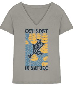 Hellgraues Damen V-Neck Shirt mit Get Lost in Nature Print