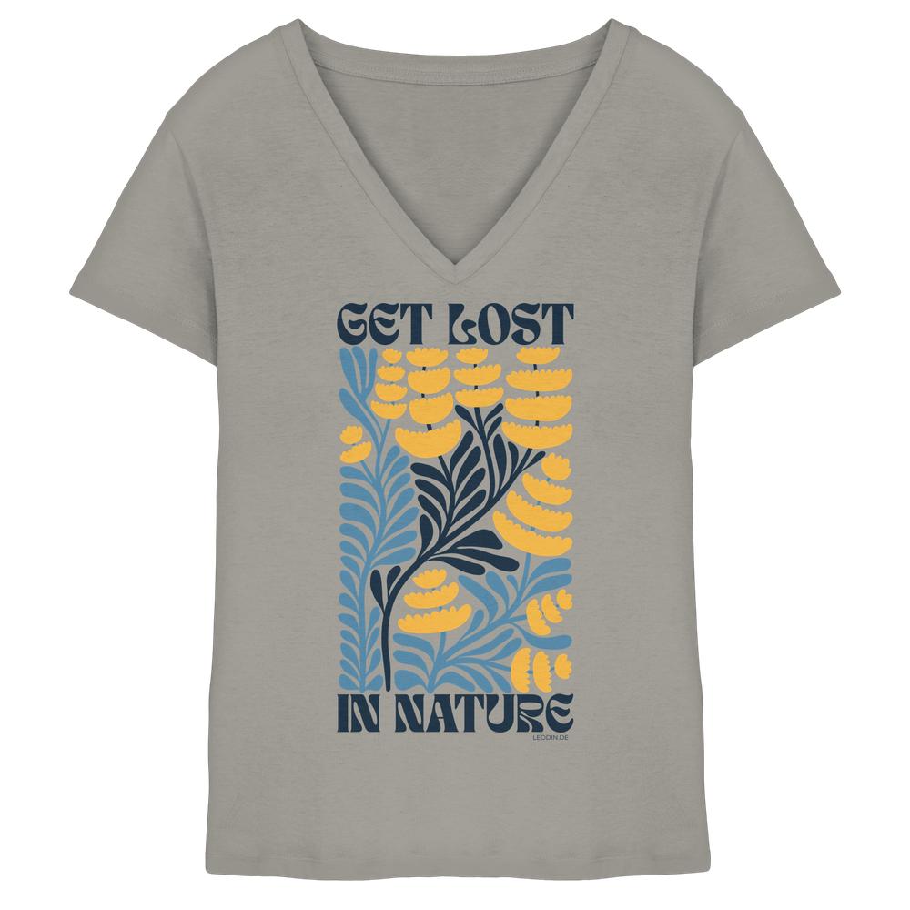 Hellgraues Damen V-Neck Shirt mit Get Lost in Nature Print