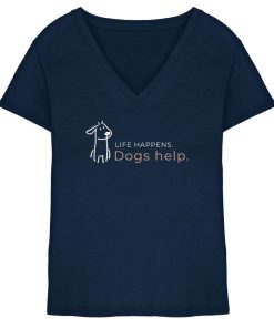 Navy Hunde V-Neck Shirt mit Life Happens Dogs Help Print