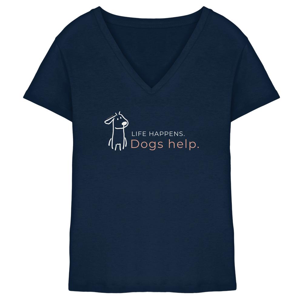 Navy Hunde V-Neck Shirt mit Life Happens Dogs Help Print
