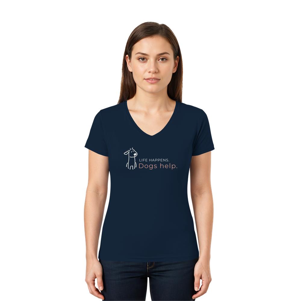 Navy Hunde V-Neck Shirt für Damen als Tragebild