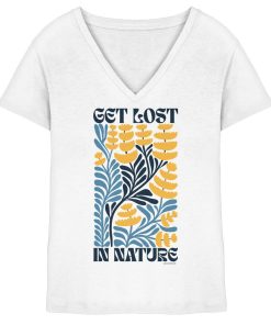 Weißes Damen V-Neck Shirt mit Get Lost in Nature Motiv