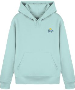 Mintfarbener Unisex Hoodie mit kleinem Blumenprint vorne