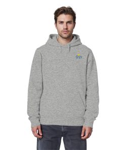 Mann trägt grauen Unisex Hoodie mit kleiner floraler Grafik