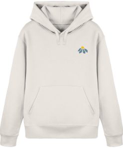 Vintage White Unisex Hoodie mit kleinem Blumenmotiv vorne 